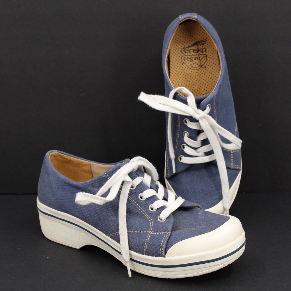 Dansko VEDA Sneaker Clog womens 38 Blue Canvas Lace Up Platform Slip Resistant